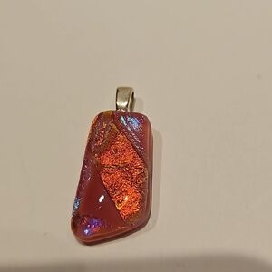 DICHROIC FUSED IRIDESCENT Pinks & Blue Glass Pendant w/ Silvertone Hook